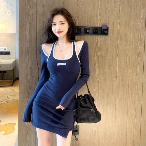 WOMENGAGA Autumn Sweet Girl Base TraplessStrapless Full Sleeve Halter Neck Skinny Mini Dress Hot Sexy Korean Womne Kawaii IMN4