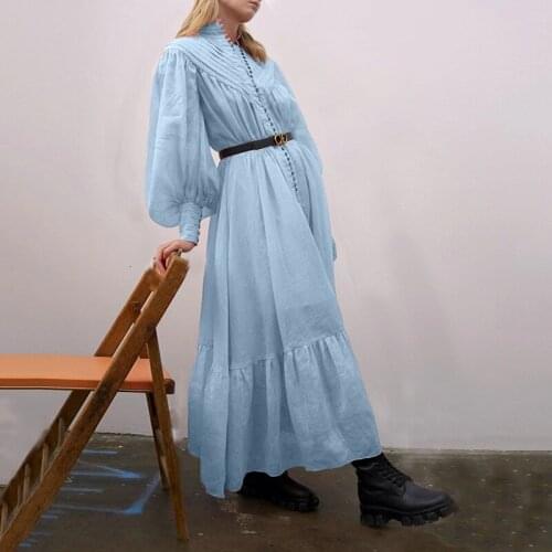 Donsignet Women Dress Fashion Chiffon Long Dress New Solid Color Single Breasted Stand Collar Lantern Sleeve Vestido Feminino