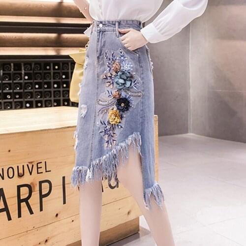 #0206 Spring Autumn Ripped Denim Skirt Women With Floral Embroidery High Waist Skirts Tassels Asymmetrical Jeans Skirt Fashion