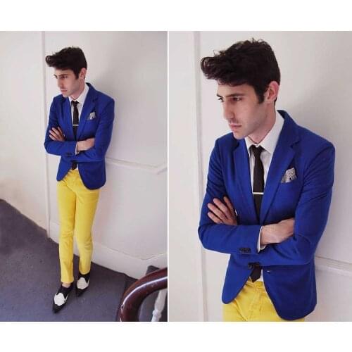2021 Casual Style Royal Blue Blazer Yellow Pant Men Suit Slim Fit Mens Wedding Prom Party Suits Terno Groom Tuxedos For Men
