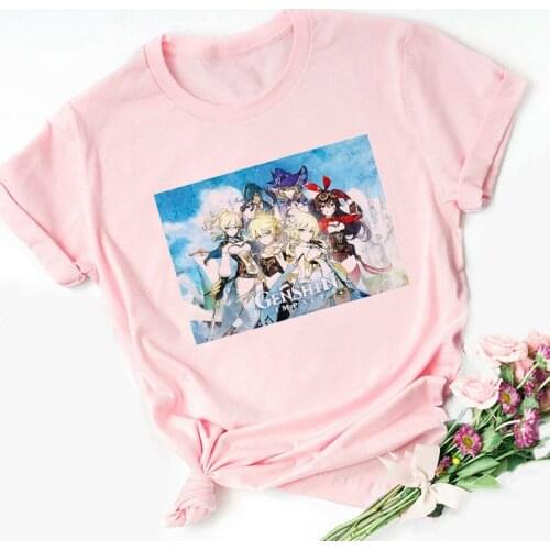 2021 Pink Funny Genshin Impact T Shirt Cartoon Print Anime Kid Clothes Children Clothing T-shrit Tee Short Sleeve Top Harajuku