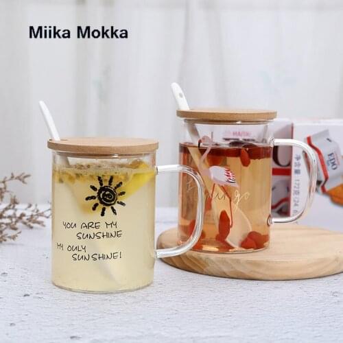 450ml Milk Cup with Lid and Spoon Cartoon Animals Sun Letters Glass Water Bottle Tea Cup Coffee Mug Heat-Resistant Handle