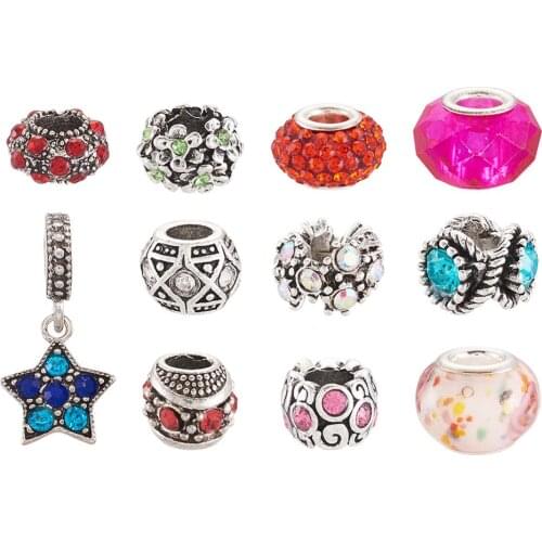 60pcs/box Rhinestone European Beads Large Hole Beads Mixed Shapes Bracelet Necklace DIY Handmade Making Beads