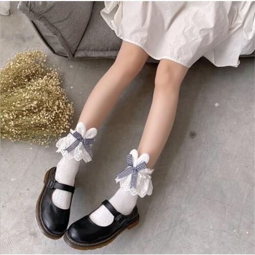 White Autumn Winter Japanese Lolita Socks Rabbit Ears Sock Lace Bowknot Stockings Sock D496