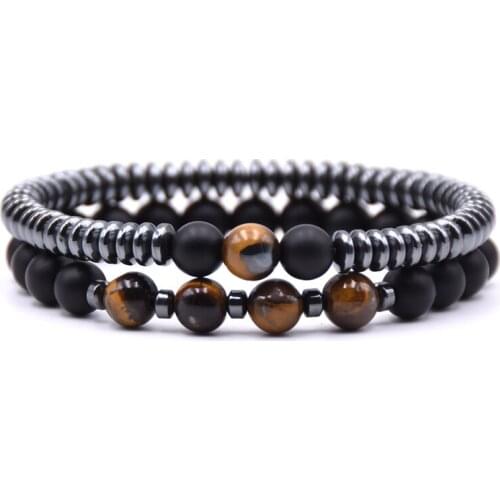 KANGKANG 2 pieces/set 6mm Hematite circle slice 8mm Matte Black bead Stone Bracelets For Men&Women charming Jewelry