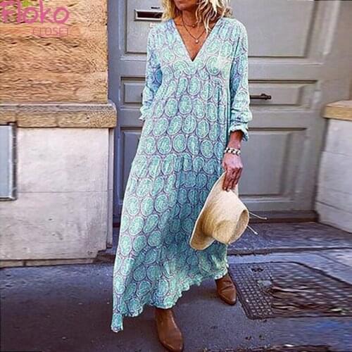 Flokocloset Autumn Loose Long Sleeve Maxi Dress Fashion Vintage Prin Long Dress Spring Women Elegant V-Neck Party Dresses