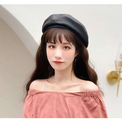 H3535 Women Beret Cap Japanese Retro PU Leather Painter Hat Girl Spring Autumn High Quality Fashion All-match Pure Color Hats
