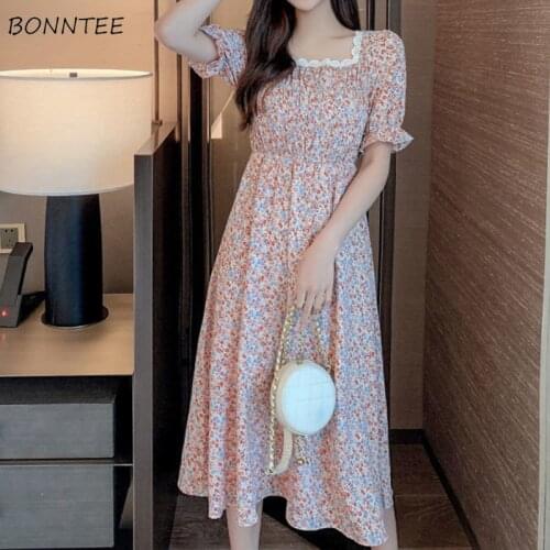 Derss Women Vintage Floral Summer Korean Style Casual A-line High Waist Elegant Square Collar Fairy Short Puff Sleeve Slim Retro
