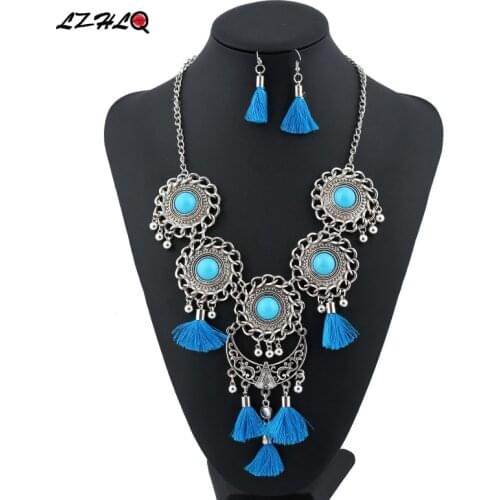 LZHLQ Ethnic Long Cotton Tassel Drop Choker Statement Necklace Women 4 Colors Zinc Alloy Necklaces Pendants Trendy Collares