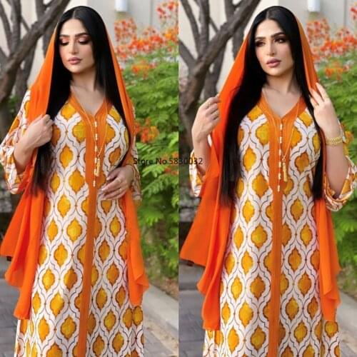 Muslim Jalabiya Fashion Orange Dubai Hijab Dress For Women Eid 2021 Moroccan Caftan Turkey Arabic Oman Islamic Clothing