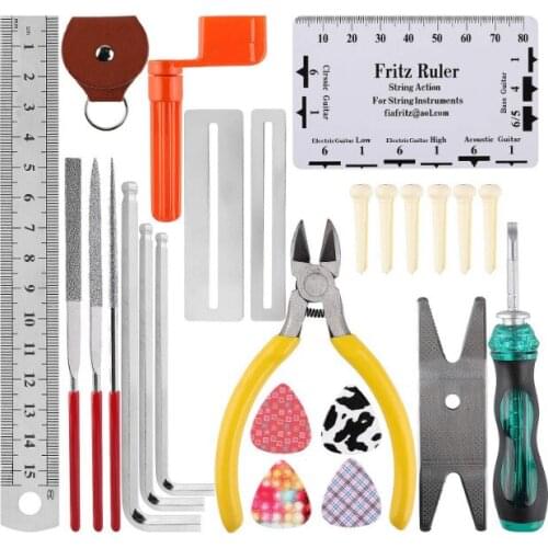 Guitar Repairing Tool Kit(26Pcs) Wire Plier,String Organizer,Fingerboard Protector,Hex Wrenches, Files, String Ruler Action Rule
