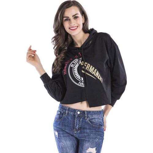 Oversized Hoodie Long Sleeve Letter Print Crop Short Sweatshirt Jumper Black Streetwear Pullover Ladies Irregular Top