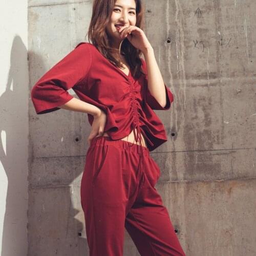 New Spring Knitted Cotton Red Three Quarter Pajamas Pants Leg Open Fork Leisure Home Suit V-Neck Women Pijama Solid Sleepwear pj