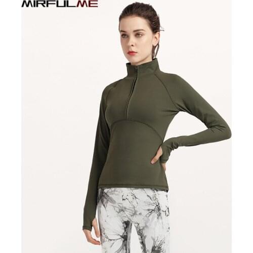 Autumn Women Yoga Shirt Slim Zipper Collar Running Sweatshirts Girls Gym Workout Tops Long Sleeve Thumb Hole Sport T-shirt Femme