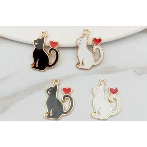 20pcs Cute Enamel Heart Cat Charms DIY Bracelet Earrings Pendant Findings Charms For Jewelry Making Fashion Dangle 15*20mm