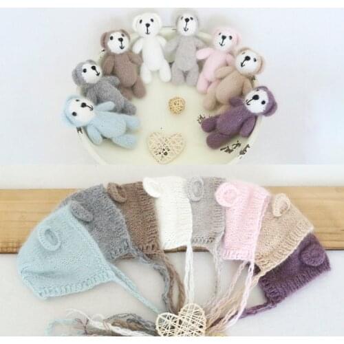 Fluffy Angora Teddy Bear Bonnet Toy Set Baby Photo Shoot Crochet Mohair Animal Filler Toy Hat Newborn Photography Props