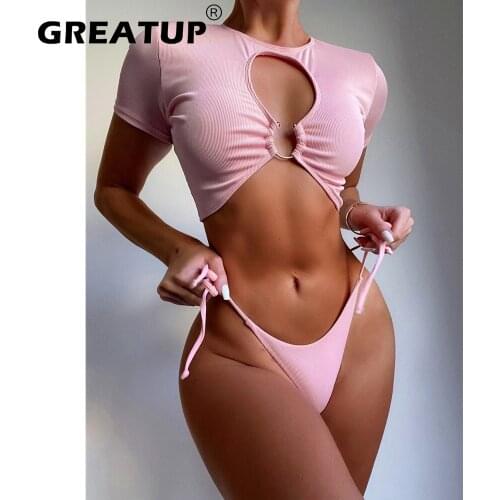 GREATUP Sexy Bandage Thong Bikinis Bandage set Swimwear women 2021 Mjuer New Push up Swimming Suit For Biquini Solid Hollow out