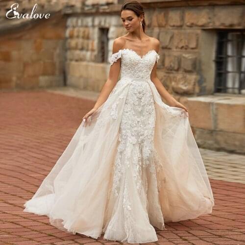 EVALOVE Chic Sweetheart Neck Detachable Train Mermaid Wedding Dress Luxury Beading Appliques Sparkly Tulle Vintage Bridal Gown
