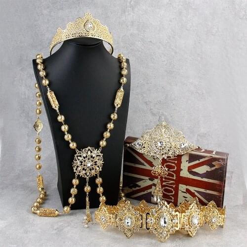 Sunspicems 2021 Chic Morocco Bridal Wedding Jewelry Sets 4pcs Gold Color Crystal Crown Chest-Back Chain Waist Belt Caftan Brooch
