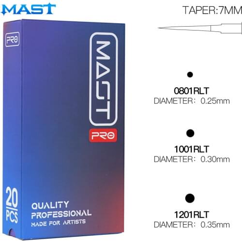 Mast Pro 20pcs 1RLT 08/10/12 7mm Taper Sterilized Tattoo Cartridge Needles Supply Permanent Makeup Round Liner 0.35/0.30/0.25mm