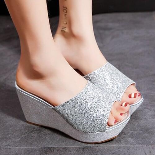 Brand Women Shoes Summer Bling Sequins Wedge Ladies Shoes Fahion Casual High Heel Slippers Breathable Beach Platform Slippers