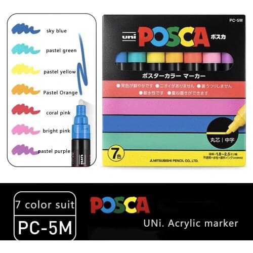 7 Pieces/Light Uni Posca PC-5M Paint Marker Pen-Fine Tip-1.8mm-2.5mm POP Advertising Note Pen Marker Pen Office Hand Painted Pai