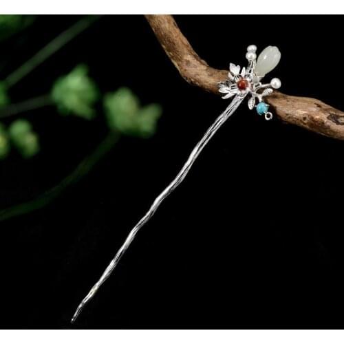 Yulan Magnolia Flower 925 Sterling Silver Hair Stick With Jade Agate Pearl Turquoise