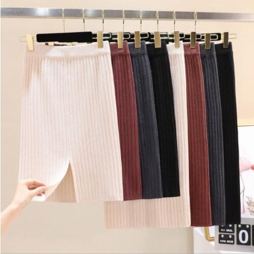 Fall winter bodycon midi skirts women high waist pencil black elastic vintage elegant mid calf length knitted split skirts female