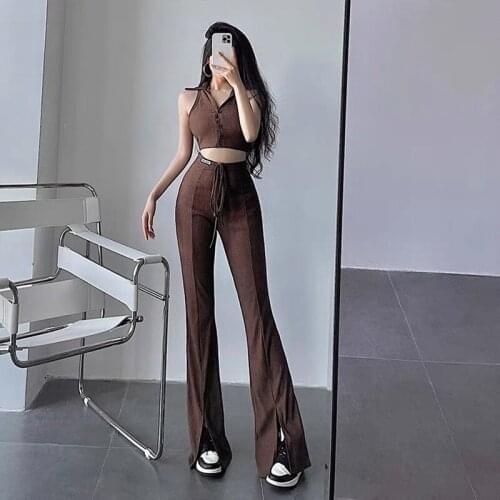 Streetwear Summer Outfit Womens Clothing Two Piece Set Women Top And Pants Y2k Brown Sleeveless Crop Top Highwaist Flare Pants