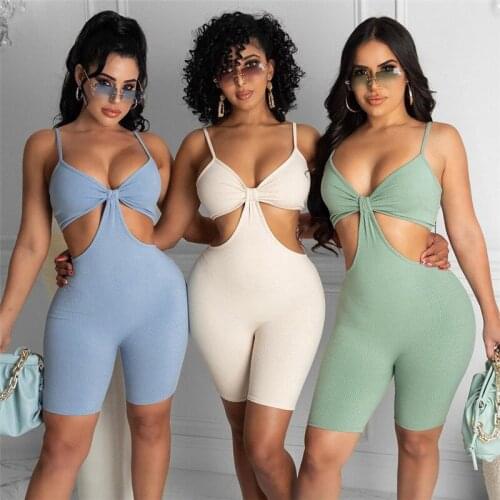 Women Hot Summer Ribbed Knit Hollow Slim Rompers Ladies Workout Skinny Sling V Neck Stretchy Sporty Playsuits Streetwear Outfits