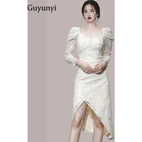 Sequins Elegant Party Dress 2021 Autumn Square Collar Puff Sleeve High Waist Tight Hem Asymmetrical Temperament Womens Dresses