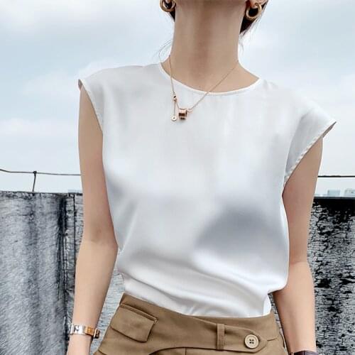 2021 Plus Size Tunic Satin Silk Blouse White Womens Elegant Blouse Office Basic Tops White Summer Chiffon Blouses for Women