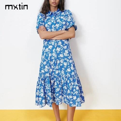 2021 WomenSpring Fashion Elegant Floral Print Midi Dress Vintage Short Sleeves Button-up Female Paryt Dresses Vestidos Mujer
