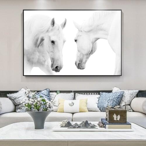 White Horses Head to Head Canvas Paintings On the Wall Art Posters And Prints Animals Family Nordic Art Pictures Home Wall Decor