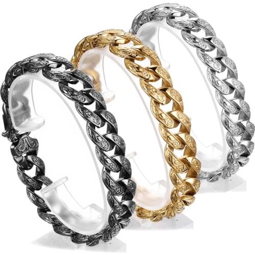 15mm Wide Vintage Gold/Black Color 316L Satinless Steel Curb Cuban Link Bracelet Jewelry Gift 7-11inch