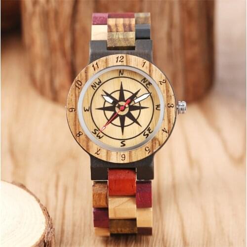 Compass Pattern Dial Colorful Wood Bangle Lady Watch Quartz Movement Natural Stylish Folding Clasp Womens Wooden Wristwatch