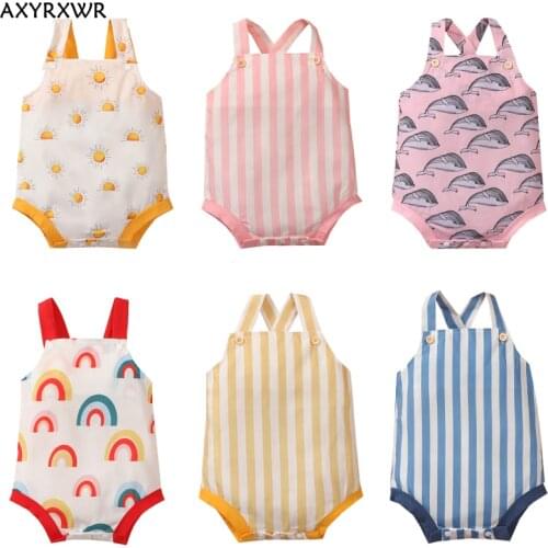 Newborn Baby Girls Boys Clothes Cotton Rompers Cute Overalls Infant Girls Sleeveless Striped/Sun/Rainbow Print Romper Jumpsuits