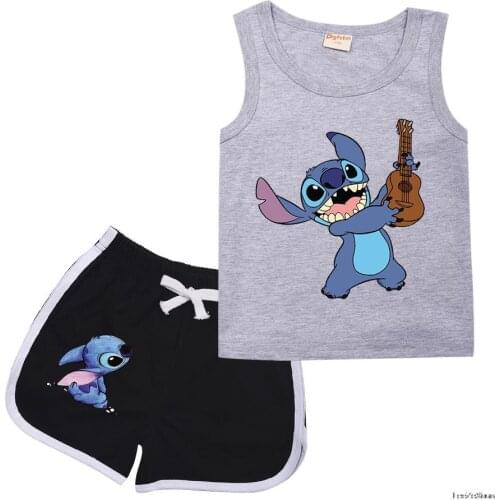 Childrens Suit 2-piece Set Baby Boy Summer Stitch Cartoon Pattern Baby Girls Vest T-shirt + Pants Girl Letter Printing