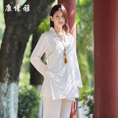 Cotton Linen Women Martial Arts Kungfu Meditation Tai Chi Uniforms Loose Shirt+pant Jogger Fitness Meditation Wushu Casual Set