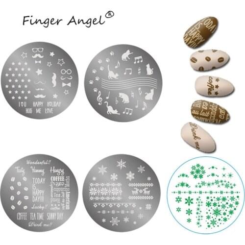 Finger Angel 1PCS Nail Art Stamping Plates Stamp Image Platet Cartoon Cat Pattern Snowflake Designs Round Manicure Template