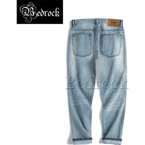 13.5oz spring summer autumn washed worn Raw Denim jeans light blue straight-leg slim-fit casual cropped pants mens jeans 245