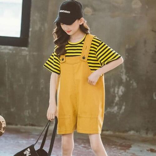2021 New Teens Girl Clothes Set Clothing Suit Short Sleeve T Shirt Top + Shorts Overalls Summer Sport Outfits Children Yellow