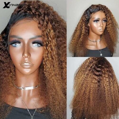 Ombre Brown #1bT30 Kinky Curly Wigs Brazilian Remy 100% Human Hair Side Part 13x4 V Part Lace Frontal Kinky Curly Wigs Baby Hair