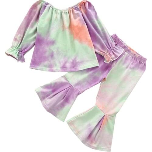 Citgeett Autumn Kid Girls Clothing Set Tie dye Outfit Set Girls Long Sleeve Tops+Flare Pants Clothes Set