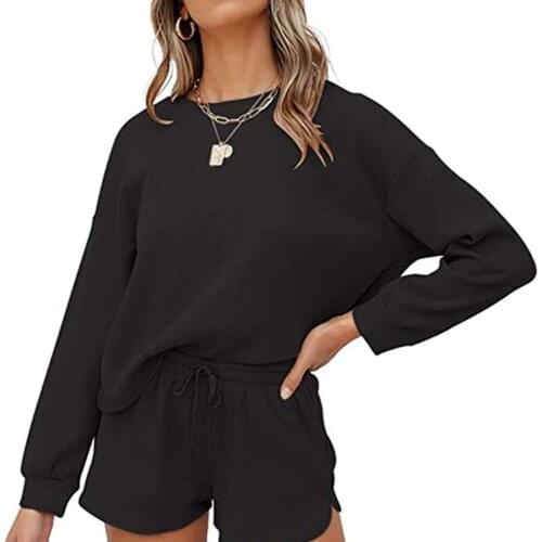 BoozRey Black Pajamas Set for Fall 2021 Womens Pullover Knit Long-sleeved Top and Shorts with Pockets Straight-leg Pants