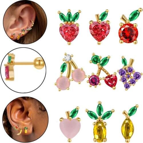 18g Stainless Steel Stud Earring for Women Girls CZ Crystal Strawberry Banana Cherry Stud Earring Helix Piercing Cartilage
