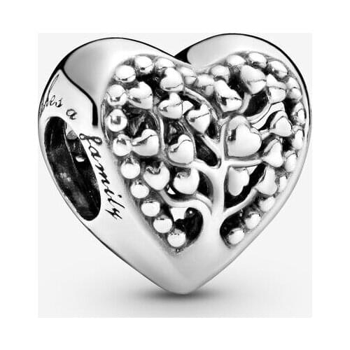 100% Real 925 Sterling Silver Family Tree Heart Charms Beads Fit Pandora Bracelet Women Gift Jewelry Making