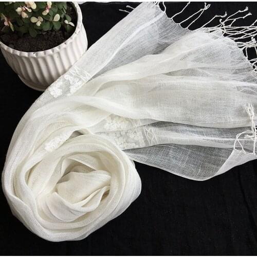 White Embroidered Natural Linen Scarves for Ladies Long Flax Shawl Plain Color Spring Autumn Wrap Womens Winter Fashion Scarf