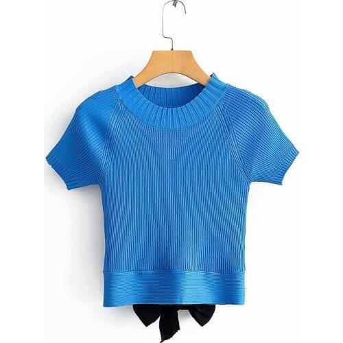 2021 New Women Blue Knit Shirt Fashion Back Bow Slim Knitted Shirts Women Short Sleeve Tops Solid color