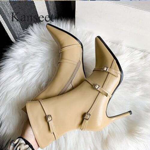 Kanseet Pointed Toe High Heels Women Mid-Calf Boots New Autumn Winter Real Leather Belt Buckle Handmade Slim Zip Female Boots 40